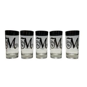 Vtg Mid Century Queens Lusterware M Monogram Silver Rim Highball Glasses x 5